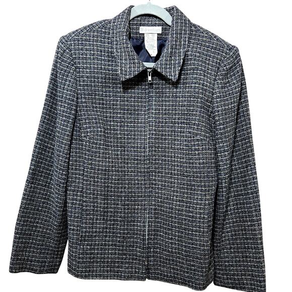 Vintage Blue Brown Tweed Checkered Wool Blend Full Zip Dress Barn Jacket Size 14 - Picture 1 of 8
